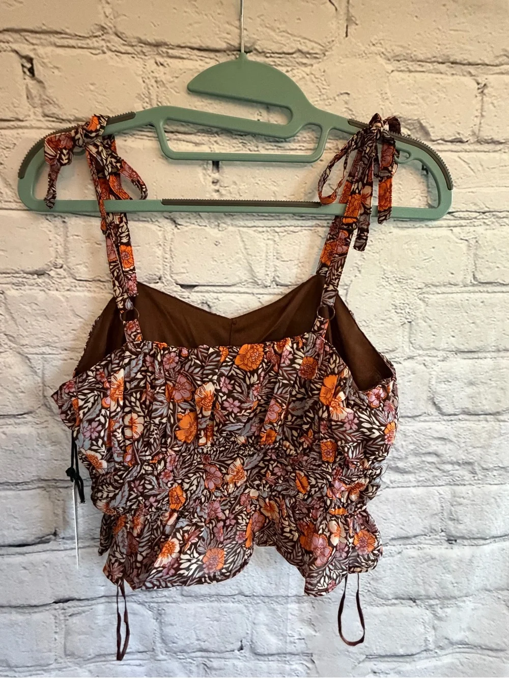 Japna Brown Floral Tie-Shoulder Camisole with Orange & Pink Accents Small NWT